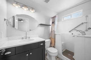 Full bath featuring toilet, a shower stall, visible vents, and vanity