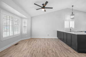 Interior space featuring lofted ceiling, plenty of natural light, and visible vents