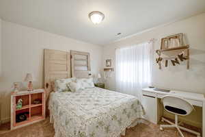 Bedroom with visible vents and a textured ceiling