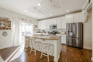 Kitchen with appliances with stainless steel finishes, light stone countertops, a center island with sink, and white cabinets