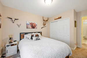 Bedroom with carpet, a closet, and baseboards