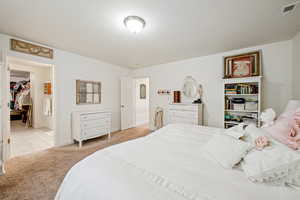 Bedroom with light carpet, baseboards, visible vents, a walk in closet, and a textured ceiling