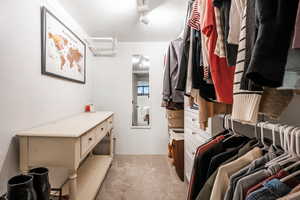 Spacious closet featuring light colored carpet