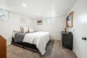 Carpeted bedroom featuring recessed lighting