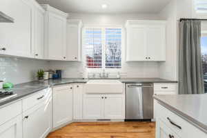 Kitchen with decorative backsplash, light wood-style flooring, stainless steel dishwasher, white cabinetry, and a sink