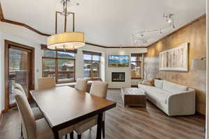 Dining room with ornamental molding, a glass covered fireplace, wood finished floors, track lighting, and baseboards