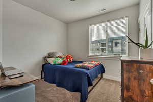 Bedroom featuring light carpet, baseboards, and visible vents