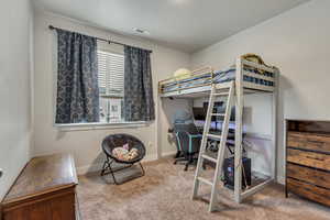 Bedroom with carpet, visible vents, and baseboards