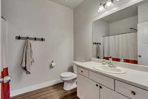 Bathroom featuring toilet, baseboards, wood finished floors, and vanity