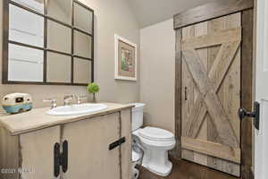 Bathroom featuring toilet, vaulted ceiling, and vanity