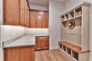 Mudroom with light hardwood / wood-style flooring