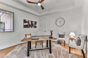 Home office featuring ceiling fan, light hardwood / wood-style flooring, and a raised ceiling