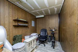 Office space featuring wooden walls