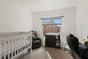 Carpeted bedroom with a nursery area