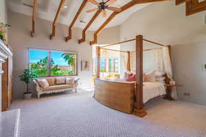 Carpeted bedroom with high vaulted ceiling, visible vents, beamed ceiling, and a ceiling fan