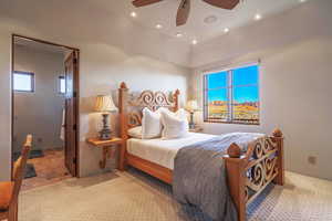 Bedroom with recessed lighting, light colored carpet, and ceiling fan