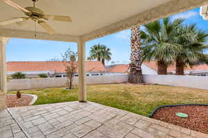 View of patio with a ceiling fan and a fenced backyard