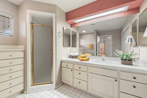 Bathroom featuring a stall shower, visible vents, and vanity