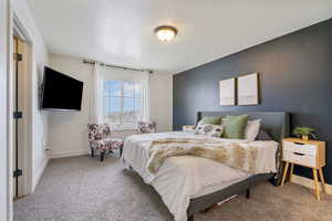 Bedroom featuring carpet flooring, a textured ceiling, and baseboards