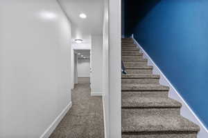 Stairway featuring carpet flooring and baseboards