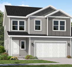 View of front of property with a garage, driveway, board and batten siding, and roof with shingles