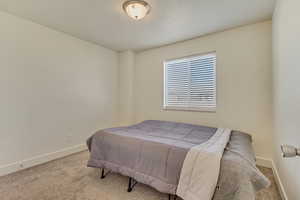 Bedroom featuring baseboards and light colored carpet