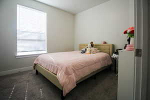 Bedroom with vaulted ceiling and dark carpet