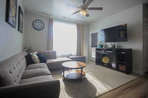 Living room featuring ceiling fan and wood-type flooring