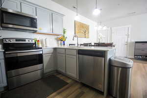 Kitchen featuring kitchen peninsula, gray cabinetry, sink, appliances with stainless steel finishes, and pendant lighting