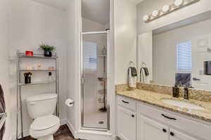 Bathroom with toilet, a shower stall, vanity, and baseboards