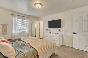 Bedroom with light carpet and baseboards