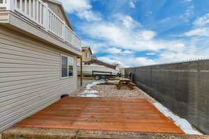 Wooden deck with a fenced backyard