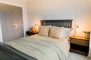 Bedroom with a closet and carpet flooring