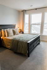 Bedroom featuring carpet floors, multiple windows, visible vents, and baseboards