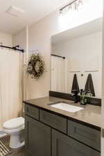 Full bathroom featuring toilet, visible vents, and vanity