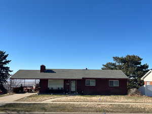 Single story home with concrete driveway, an attached carport, and a chimney