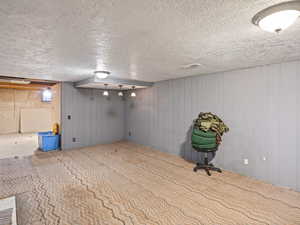 Below grade area featuring carpet, visible vents, and a textured ceiling