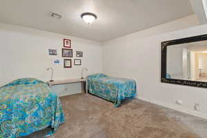 Carpeted bedroom featuring baseboards, visible vents, and a textured ceiling