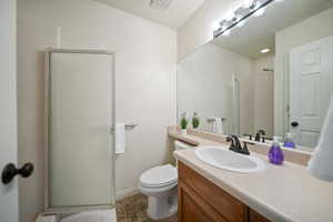 Full bathroom with visible vents, toilet, vanity, and a shower stall