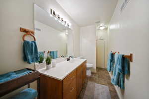 Full bathroom featuring a stall shower, visible vents, and vanity