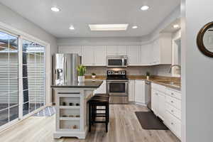 Kitchen with a kitchen bar, white cabinetry, a kitchen island, and appliances with stainless steel finishes