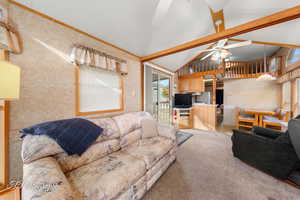 Carpeted living room with ceiling fan, high vaulted ceiling, and beamed ceiling