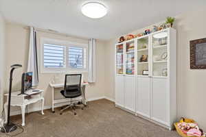 Office featuring light colored carpet, visible vents, a textured ceiling, and baseboards