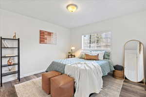 Bedroom featuring dark wood finished floors and baseboards