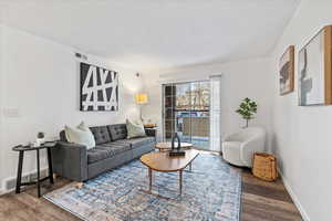 Living room featuring baseboards, visible vents, and dark wood-type flooring