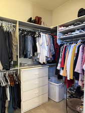 Spacious closet featuring light colored carpet