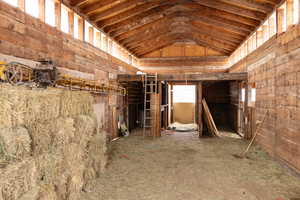 Inside of barn with hay loft