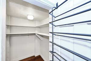 Walk in closet with dark wood-type flooring