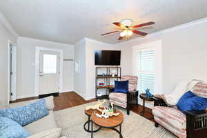 Living area featuring a textured ceiling, wood finished floors, and crown molding