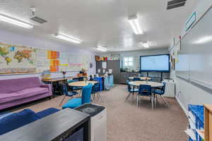 Recreation room with carpet flooring and a textured ceiling